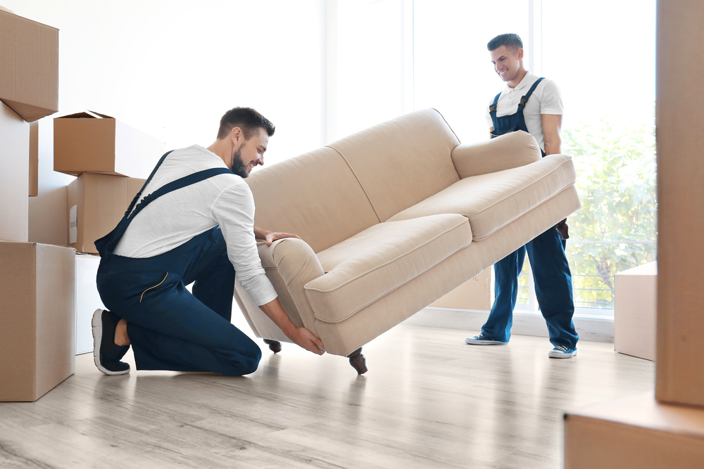 Two movers Lake & Orange County in blue uniforms lift a beige sofa in a bright FL room filled with cardboard boxes, preparing for a move. Sunlight streams in through large windows in the background.
